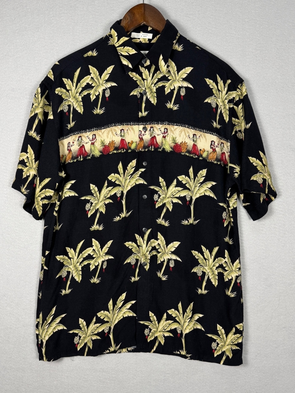 Pierre Cardin Mens Medium Hawaiian Shirt Black Rayon